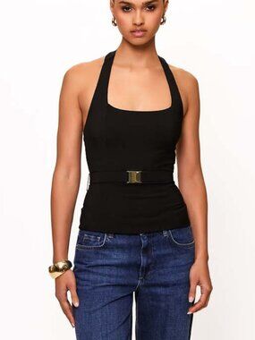 NWT - Hutch Clinton Black Sleeveless Halter top Top with Gold Buckle Belt - sz M